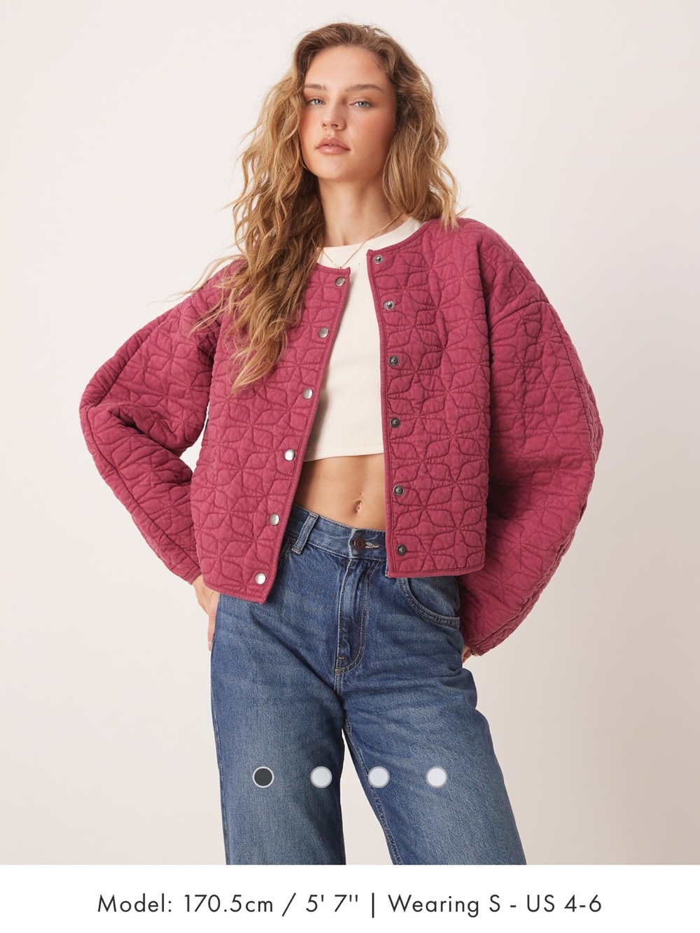 ASOS Cropped Quilted Snap-Front Jacket in Burgundy Cocoon Sleeves